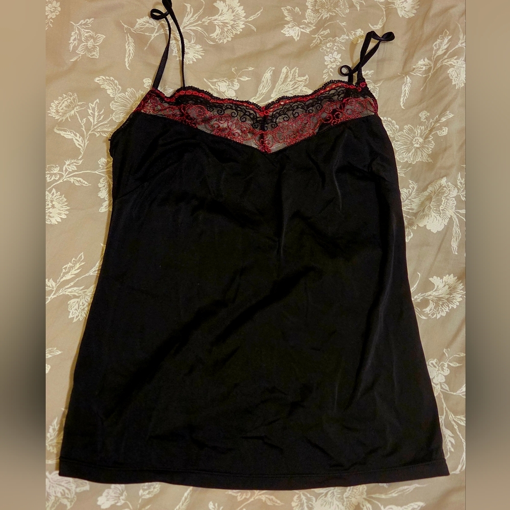 Vintage Gilligan & O'Malley Black and Red Lace Trim Cami Top